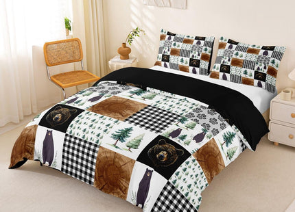 Kids Rustic Black Bear Duvet Cover Twin Woodland Animal Bedding Set For Boys Teen Men,Patchwork Black White Grey Buffalo Plaid Comforter Cover Farmhouse Wooden Pine Tree Bear Paw Bed Set 2 Pcs
