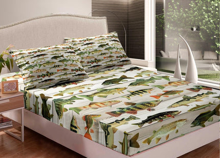 Feelyou Bass Fish Bed Sheets Set Twin Size Fishing and Hunting Fitted Sheet Beige Wood Plank Decor Bedding Set, 1 Fitted Sheet + 1 Flat Sheet + 1 Pillowcase