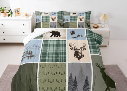Feelyou Rustic Cabin Deer Bedding Set Twin Size Kids Hunting Country Farmhouse Comforter Cover for Boys Girls Teens Wild Animal Duvet Cover Deep Green Quilt Set Breathable Soft Lightweight Microfiber