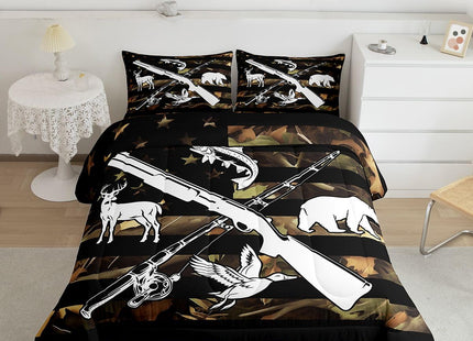 Hunting And Fishing Comforter Set Wildlife Fish Duck Deer Bear Twin Comforter For Boys Men,Camo American Flag Bedding Set Rustic Trees Leaves Camouflage Quilt Duvet Insert With 1 Pillow Case