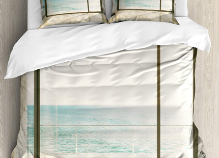 Ambesonne Beach Duvet Cover Set, Apartment Scenery Wavy Sea Ocean Coastal Home Design Arwork, Decorative 3 Piece Bedding Set with 2 Pillow Shams, Queen Size, White Pale Blue