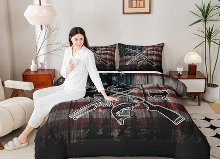 Homewish Retro American Flag Comforter Set Twin Size,Hunting and Fishing Bedding Set,Duck Deer Bear Bass Fish Wild Animals Theme Quilt Set for Kids Boys Men Teens Room Decor,Rustic Duvet Insert 2Pcs