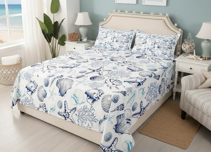 Homewish Coastal Sheet Set Twin Size,Beach Seashell Starfish Coral Bedding Set 3Pcs,Sea Ocean Theme Bed Sheet for Kids Teens Adult Bedroom Decor,Navy Sketch Nautical Fitted + Flat Sheet,1 Pillowcase