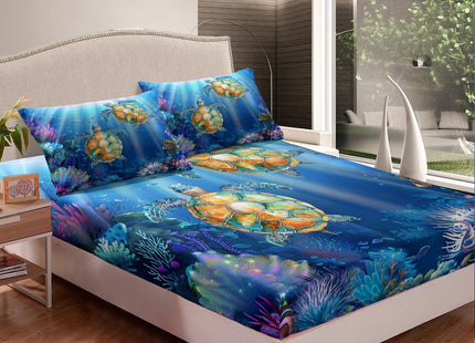 Sea Turtle Bed Sheet Set Twin Size,Swimming Fish Marine Life Fancy Blue Undersea World,Bedding Decor Set with 1 Flat & 1 Fitted Sheet with 1 Pillow Sham
