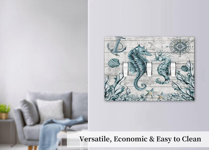 Seahorse Kelp Compass Anchor on Wooden Board 3 Gang Light Switch Covers Decorative Triple Toggle Wall Plate Electrical Faceplate Switchplate for Country Bathroom Bedroom Home Decor