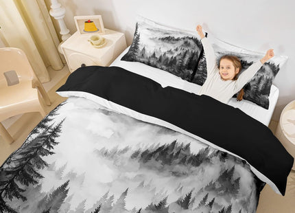 Erosebridal Black Gray Misty Forest Duvet Cover King Grey White Foggy Mountain Bedding Set Rustic Woodland Pine Trees Comforter Cover for Kids Teen Adults,Watercolor Nature Theme Bed Set