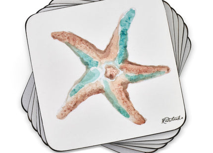 Pimpernel Coastal Shore Coasters, Set of 6 – 4" Square, Cork-Backed Drink Mats with Seashell Artwork, Lacquered Finish, Heat & Stain Resistant Tabletop, Dining & Kitchen Accessories