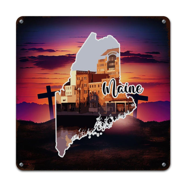 Woguangis Metal Sign Maine States Map Scenery America USA State Landscapes Plaque Maine Porch Decor Aluminum Metal Signs Retro Wall Tin Plaque for Home Living Room Bedroom Front Porch 10x10in