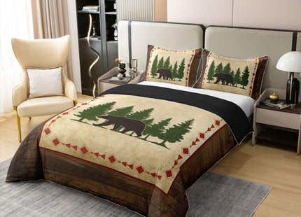 Cabin Bear 100% Cotton Duvet Cover Twin Rustic Bedding Bear Wildlife Comforter Cover Botanical Tree Pattern Quilt Cover Country Nature Wild Animals Bedspread Cover Farmhouse Bedroom Decor 2 Pcs