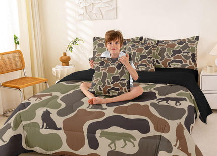Erosebridal Camo Wolf Bed in A Bag 7 Pcs Camouflage Wild Animals Comforter Set for Kids Boys Girls Green Military Nature Wildlife Bedding Sets Full Army Woodland Hunting Sheet Set with Comforter