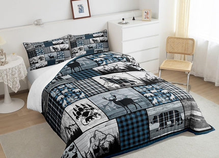 Feelyou Deer Elk Bear Wolf Comforter Blue Plaid Rustic Cabin Comforter Set Farm Forest Camping Hunting Bedding Set Geometric Checkered Duvet Set Room Decor Quilt Set Twin Size
