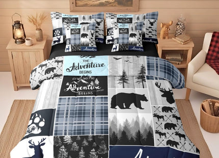 Boys Deer Bedding Set, Bear Moose 7 Pieces Bed In A Bag - 1 Rustic Cabin Lodge Comforter,1 Woodland Animal Fitted Sheet, 1 Retro Farmhouse Flat Sheet, 2 Pillow Cases, 2 Throw Pillow Covers, Full