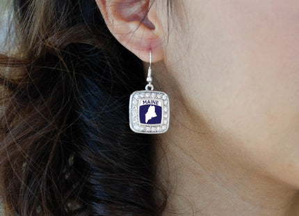 Inspired Silver - Maine Outline - Silver Dangle Earrings for Women - Square Charm Earrings French Hook Drop with Cubic Zirconia - Women's Dangly Earrings Jewelry Gift