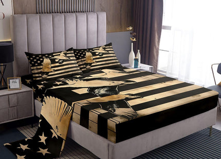 Erosebridal Duck Hunting Bed Sheets Retro Black White American Flag Full Sheet Set for Teen Boys Men,Wildlife Animal Bedding Set Hunting Flag Fitted Sheet + Flat Sheet + 2 Pillow Cases