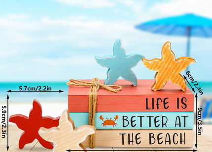 Whaline 7 Pcs Summer Decoration Beach Wooden Tiered Tray Decor Mini Faux Stacked Books Starfish Decorative Table Centerpiece Block Signs for Party Home Kitchen Dining Table Decor