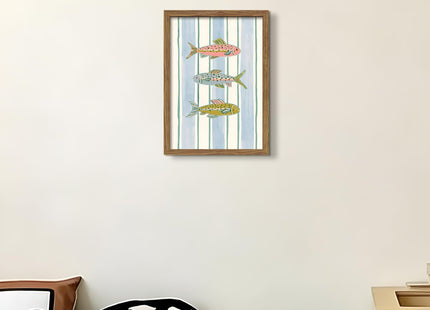 Coastal Fish Framed Canvas Wall Art, Nautical Fish Illustration Painting Print Picture, Kitchen Wall Decor Artwork Oil Painting for Dining Room Bathroom Living Room Lake House 12x16 Inch