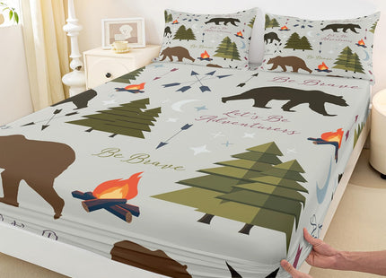 Happy Camping Fitted Sheet Twin Size Hunt Bear Pine Trees Bedding Set for Kids Boys Men Adults Cabin Room Decor Campfire Arrow Cartoon Bed Sheet Wild Outdoor Adventure Deep Pocket Sheet 2pcs