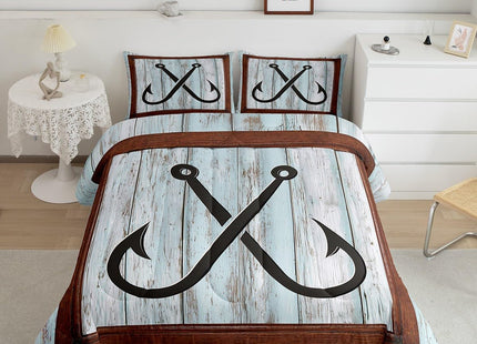 Lake House Fishing Theme Kids Comforter Set Queen Size,Fish Hook Anchor Nautical Bedding Set,Girls Boys Adults Room Decor,Teal Wooden Plank Rustic Down Comforter,Retro Duvet Insert,2 Pillowcases