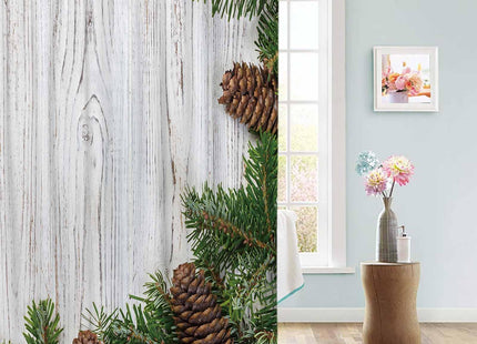 JasmineM Fabric Shower Curtain with Hooks, Tropical Pinecone Wood, Waterproof & Washable Bathroom Curtains, 60 x 72 inch, Rustic Wooden Barn