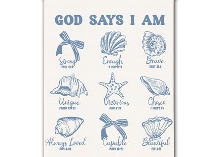 DNEULYR Retro Blue Bow Seashell Christian Wall Art Poster, Bible Verse Wall Decor, God Says I am Coastal Beach Religious Scripture Poster Hanger Frame for Girls Room Dorm Home Office, 12x16 Inches