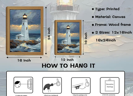 Moarmxiy Blue Ocean Island Lighthouse Wall Art, 24x16inch Wood Framed