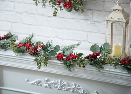 LOHASBEE Artificial Christmas Garland, 5 Feet Pine Cone Eucalyptus Garland with Red Berries, Bells & Greenery Glitter for Christmas Indoor Outdoor Garden Gate Front Door Home Wall Window Stair Decor