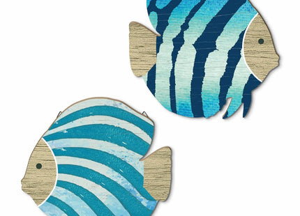 Putuo Decor 2PC Coastal Fish Wall Decor, MDF Nautical Hanging Decor with Metal Hook, Ocean Themed Wall Art Set for Bathroom, Lake House, Seaside Living Space(Blue Coastal Stripes)