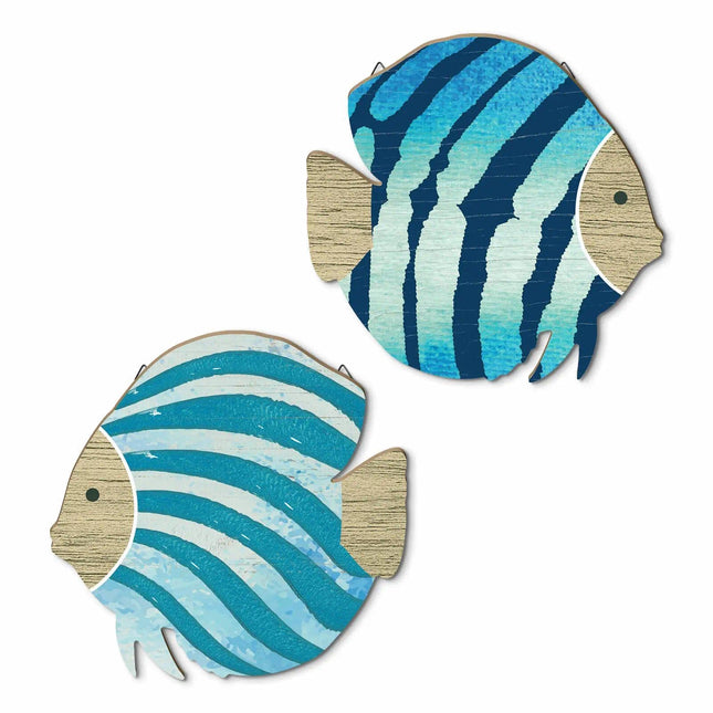 Putuo Decor 2PC Coastal Fish Wall Decor, MDF Nautical Hanging Decor with Metal Hook, Ocean Themed Wall Art Set for Bathroom, Lake House, Seaside Living Space(Blue Coastal Stripes)