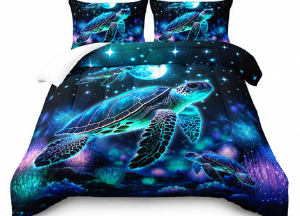 AILONEN Sea Turtle Comforter Set Twin Size, Ocean Theme Bedding Coral Jellyfish 3 Pieces Printed Comforter Set for Boys Girls Bed in a Bag,Evening Starry Moon Turtle Quilt with 2 Pillowcases