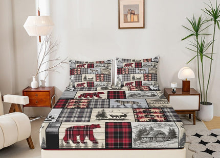Rustic Cabin Bed Sheets Full Woodland Wolf Deer Bear Sheet Set For Kids Adults,Red Black Buffalo Plaid Bedding Wildlife Camping Lodge Mountain Fitted Sheet Southwestern Farmhouse Flat Sheet 4 Pcs