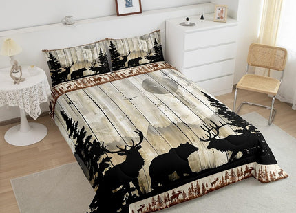 Feelyou Western Rustic Bear Deer Elk Comforter Set, Wooden Farmhouse Bedding Toddler, Hunting Wild Animal Quilt Forest Wildlife Hunting Bedding Comforter Sets Kids Boys Teens Adult Men Bedroom Decor