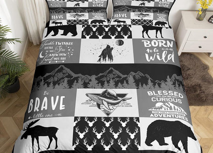 Deer Antlers Silhouette Duvet Cover Twin,Camping Adventure Bedding Set 2pcs for Kids Teens Adults Room Decor,Wild Animal Rustic Comforter Cover Lattice Black Grey Quilt Cover with 1 Pillowcase
