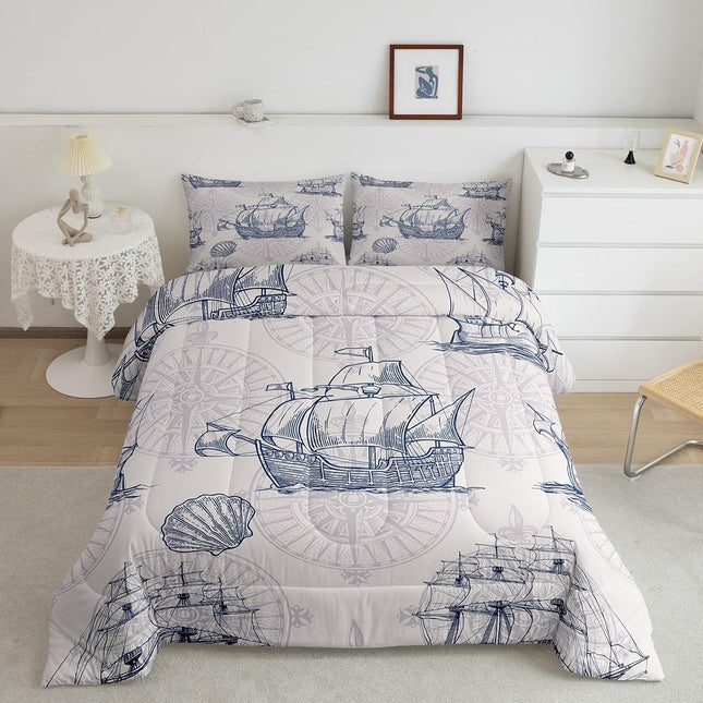 Nautical Comforter Set Sailboat Down Comforter Twin,Blue White Vintage Style Quilted Duvet Set Luxury Anchor Crab Pattern Bedding Insert Set for Kids, Adult Teen Boys Girls Bedroom Ocean Beach Decor