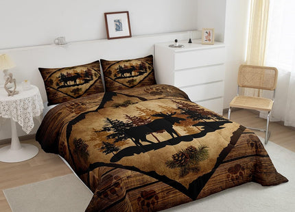 Homewish Moose Cabin Bedding Set,Retro Brown Wooden Stripes Farmhouse Comforter Set for Kids Teens Adults,Pine Cones Trees Wild Animal Paw Print Quilted Comforter with 2 Pillowcases Queen Size 3 Pcs