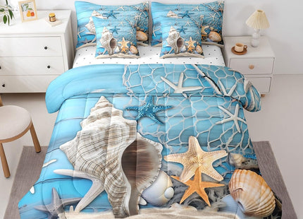 Erosebridal Summer Beach Theme Bed in a Bag 7 Pieces Starfish Conch Seashell Bedding Set, Ocean Animal Queen Size Comforter Set Fishing Theme Bedding Comforter Sets, Blue Old Barn Door Bed Set