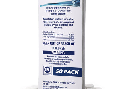 Aquatabs 49mg Water Purification Tablets (50 Pack). Water Filtration System for Hiking, Backpacking, Camping, Emergencies, Survival, and Home-Use. Easy to Use Treatment and Disinfection.