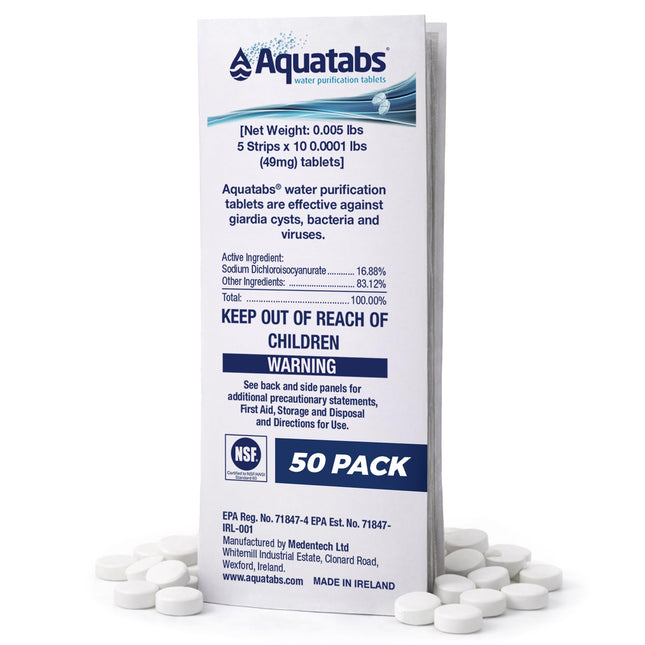 Aquatabs 49mg Water Purification Tablets (50 Pack). Water Filtration System for Hiking, Backpacking, Camping, Emergencies, Survival, and Home-Use. Easy to Use Treatment and Disinfection.