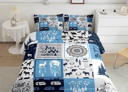 Bohemian Mandala Comforter Set, Rustic Lodge Camping Bedding Set Twin Size For Kids Boys Girls Teens, Farmhouse Christmas Deer Cabin Duvet Insert Woodland Bear Farm Amimal Adventure Quilt, Blue