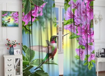 Hummingbird Blackout Curtains, Beautiful Purple Floral Hummingbird Nature Theme, for Bedroom Living Room, 2 Panel Set, 42x54 Inch