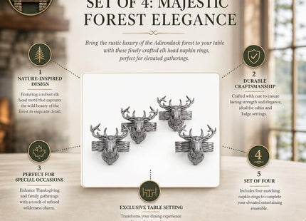 Arthur Court Elk Head Napkin Rings - Rustic Metal Set of 4 for Lodge Decor, Thanksgiving & Holiday Dining
