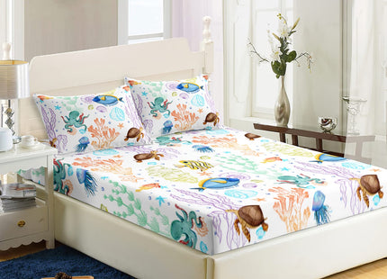 Sea Turtle Printed Fitted Sheet Set Twin 3Pcs for Kid Boy Girl Teen Adult
