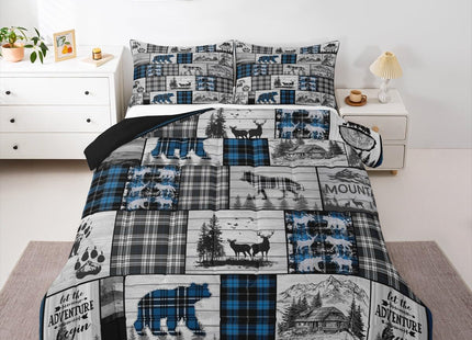 Hunting Wolf Bear Deer Moose Comforter Set For Kids Boys Retro Blue Black Grey Plaid Buffalo Plaid Lodge Quilt Comforter Full Rustic Farmhouse Cabin Bedding Set Woodland Animal Duvet Set 3 Pcs