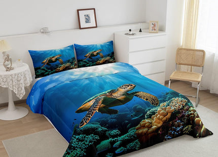 Erosebridal Sea Turtle Comforter Set, Tortoise Print Bedding Set, Reptile Nautical Duvet Set, Underwater World Oasis Ocean Animal Soft Lightweight Quilt Set Twin Size, for Kid Boys Girls Adult, Blue