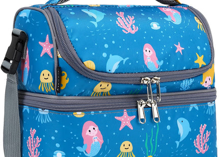 FlowFly Double Decker Cooler Insulated Lunch Bag Large Tote for Boys, Girls, Men, Women, With Adjustable Strap (Blue-Mermaid)