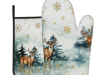 Winter Green Forest and Deer Oven Mitts and Pot Holders Sets Heat Resistant Non Slip Gold Snowflake Xmas Kitchen Gloves Hot Pads Potholders 2 Pack Set Holiday Decor for Chef Cooking Bakers Kitchen