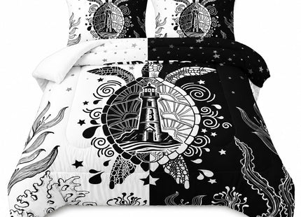 AILONEN Sea Turtle Comforter Set Twin Size,White and Black Ocean Themed Bedding Set,Coast Lighthouse Turtle Soft Comforter with 2 Pillowcases,3-Piece for Boys Girls Adults