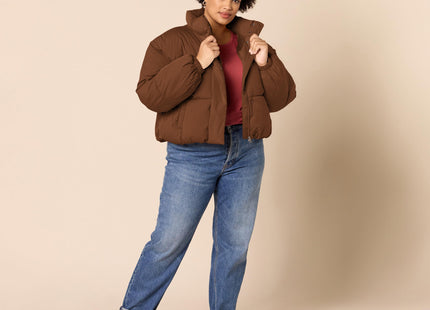 Amazon Essentials Women's Relaxed Fit Cropped Full-Zip Puffer Jacket with Snap Closure, Quilted Matte or Sherpa Fleece, Deep Brown, Medium