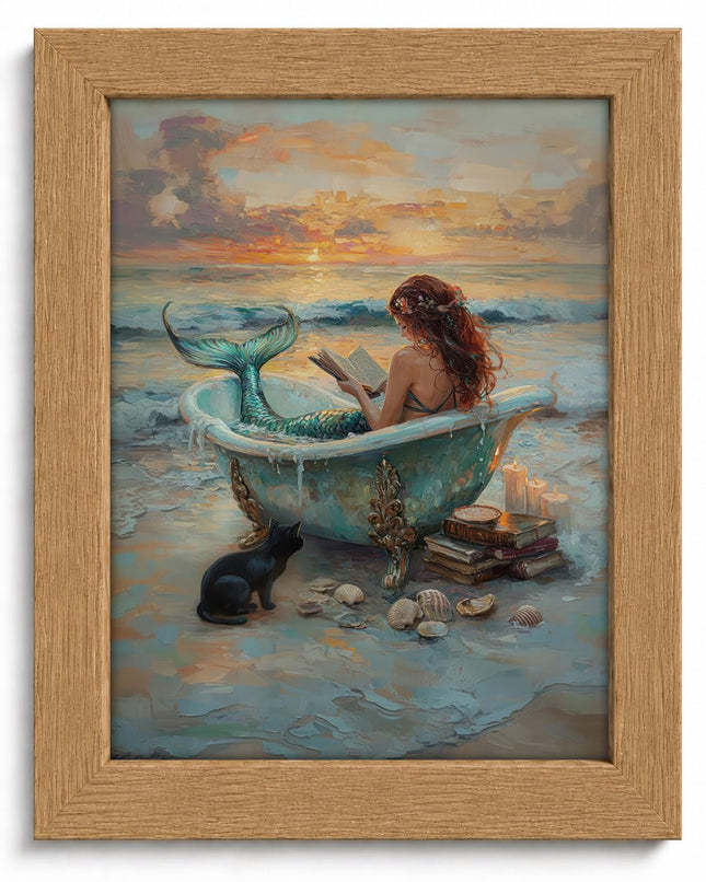 Framed Coastal Bathroom Wall Art – Cute Black Cat Mermaid Reading in Bathtub Canvas Print, Vintage Beach Bathroom Decor – Easy Hanging for Restroom 8x10in