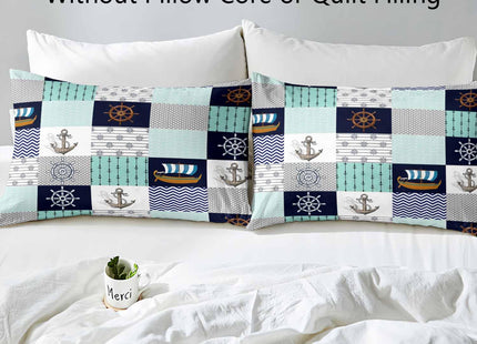 LUVIVIHOME 2PCS Nautical Bedding Set, Twin Duvet Cover, Navy Blue Mint Green Polka Dot Chevron Striped Plaid Anchor Rudder Sailboat Sea Ocean Marine Beach Coastal Comforter Quilt Cover, 1 Pillow Case