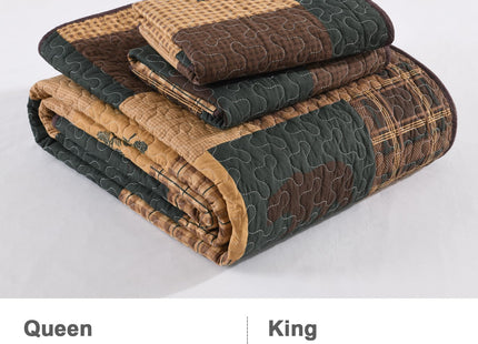 Finlonte Quilt King Size, 100% Cotton Cabin King Quilt, Lodge Cabin Farmhouse King Comforter Sets, Lightweight Reversible Qulted Bedspread Set for All Seasons, Dark Brown/Dark Green